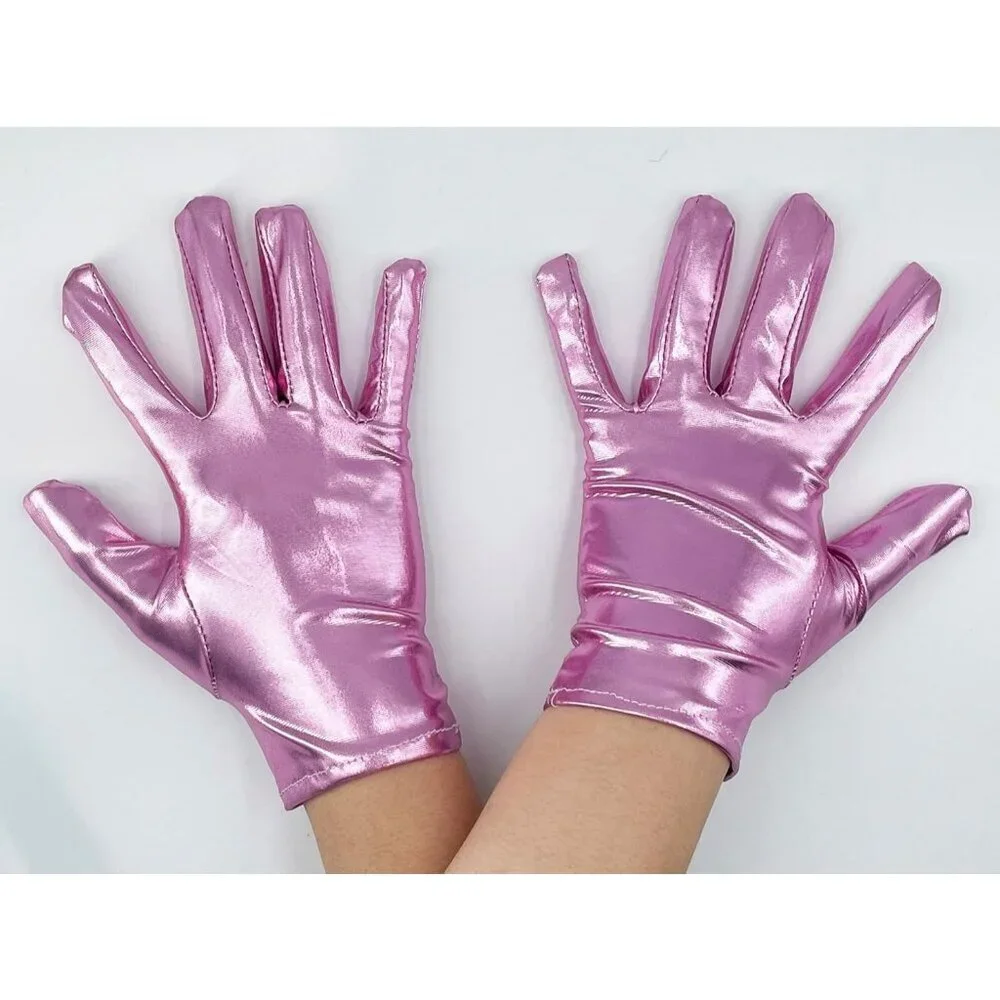 Women's Pink Shiny Metallic Wrist Gloves Cosplay Halloween Costume Accessories